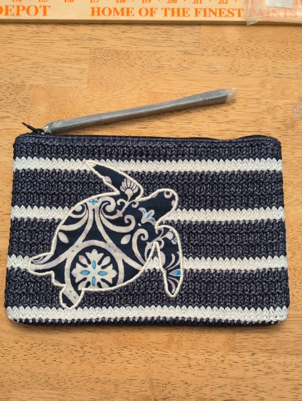 Vera Bradley Striped Knit Turtle Clutch Pouch - Navy and White